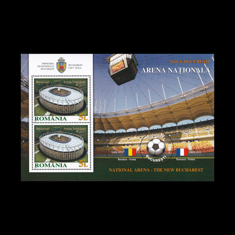 Noul București: Arena Națională, bloc de 2 timbre cu manșetă ilustrată 2011 LP 1915a