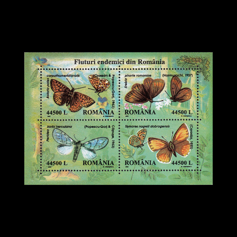 Fluturi endemici din România, bloc de 4, 2002 LP 1591