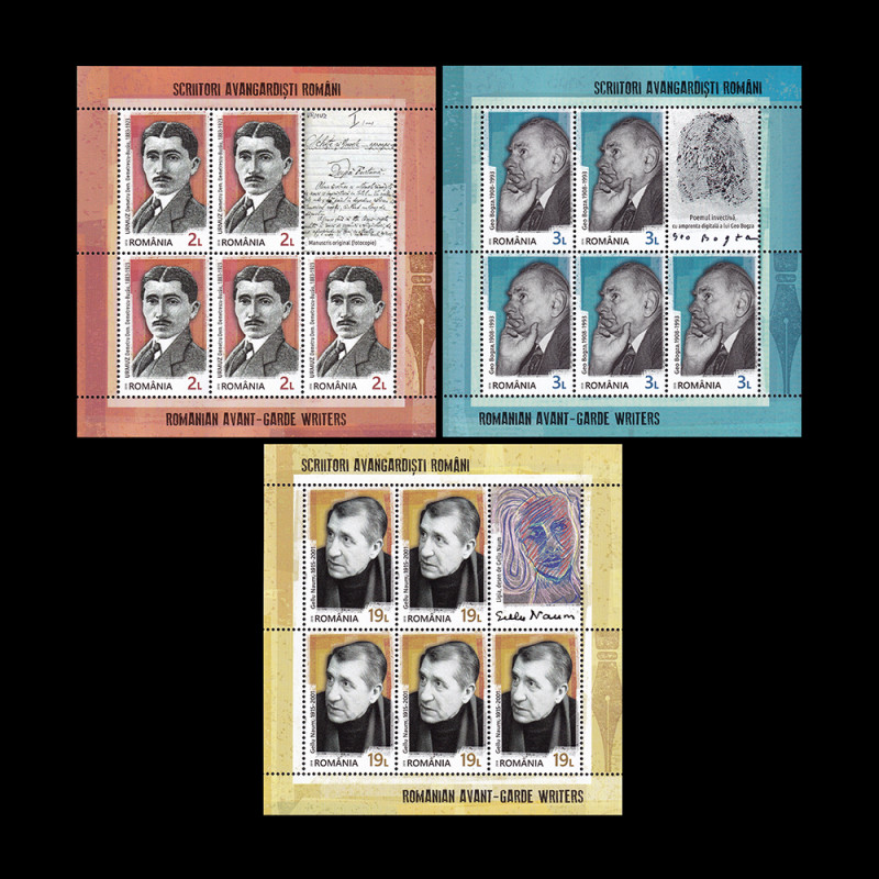 Scriitori avangardiști români, minicoală de 5 timbre și 1 vinietă 2018 LP 2204B