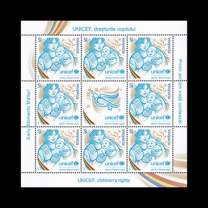UNICEF, drepturile copilului, minicoală de 8 timbre și 1 vinieta 2018 LP 2213B
