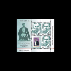 Români celebri II (uzuale), bloc de 3 timbre cu manșetă ilustrată și 1 vinietă 2018 LP 2202C