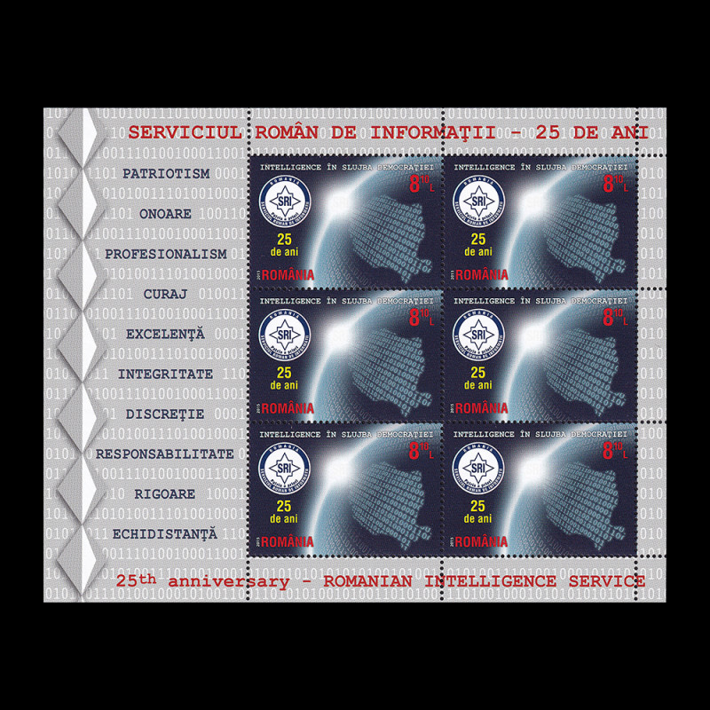 Intelligence în slujba democrației, minicoală de 6 timbre cu manșetă ilustrată 2015 LP 2061B