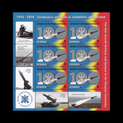 Centenarul artileriei și rachetelor antiaeriene, minicoală de 6 timbre și 4 viniete 2016 LP 2120b