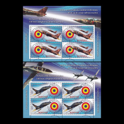 Aniversări aviație, de la Coandă la F-16 minicoală de 4 timbre cu manșetă ilustrată, 2016 LP 2121c