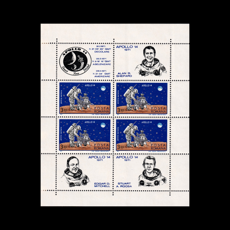 Apollo 14, bloc de 4 timbre și 4 viniete, 1971, LP 758A