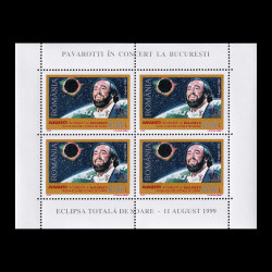 Pavarotti în concert la București în ziua Eclipsei totale de Soare, bloc de 4 timbre 1999 LP 1489a
