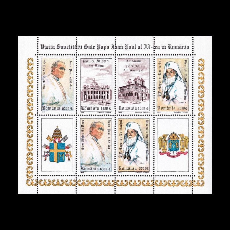 Vizita Sanctitatea Sa Papa Ioan Paul II, bloc de 6 timbre și 2 viniete 1999 LP 1484a