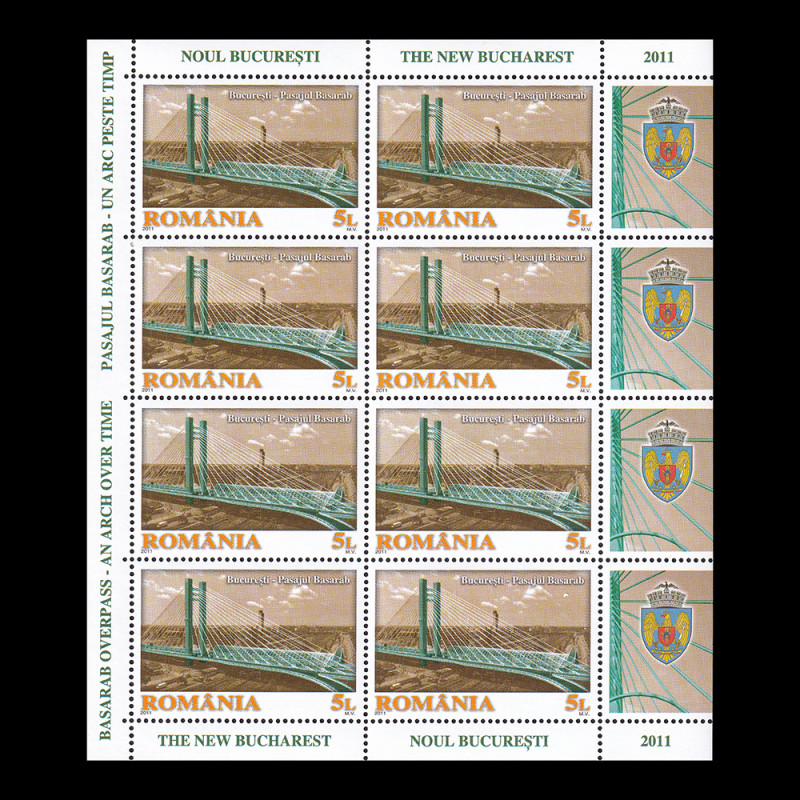 Noul București: Pasajul Basarab, minicoală de 8 timbre și 4 viniete 2011 LP 1905c