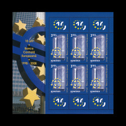 10 ani - Banca Centrală Europeană, bloc de 6 timbre și 6 viniete 2008 LP 1804a