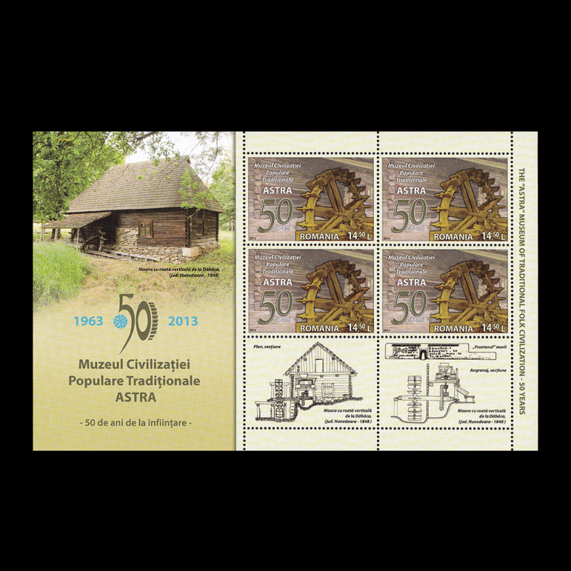 Muzeul ASTRA - 50 de ani, minicoală de 4 timbre cu manșetă ilustrată 2013 LP 2001b
