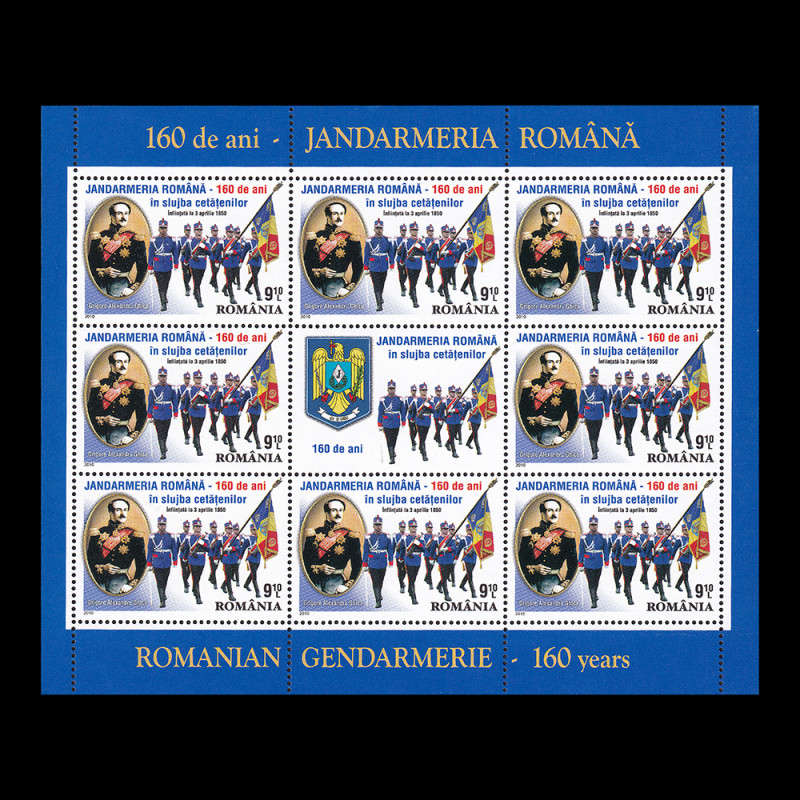 Jandarmeria Română, 160 de ani minicoală de 8 timbre și 1 vinietă 2010 LP 1860c