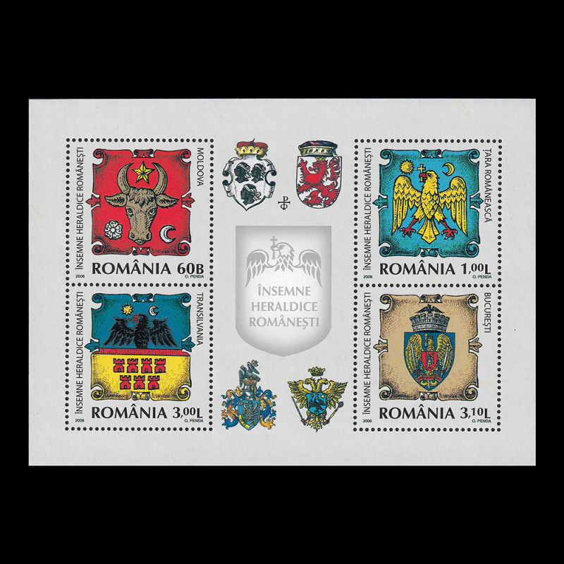 Însemne Heraldice Românești, bloc de 4 timbre 2008 LP 1816b