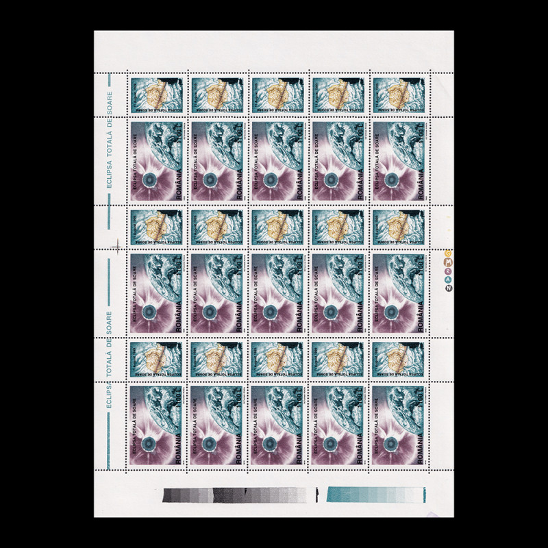 Eclipsă totală de soare (hârtie Călărași) minicoală de 15 timbre și 15 viniete 1999 LP 1487e