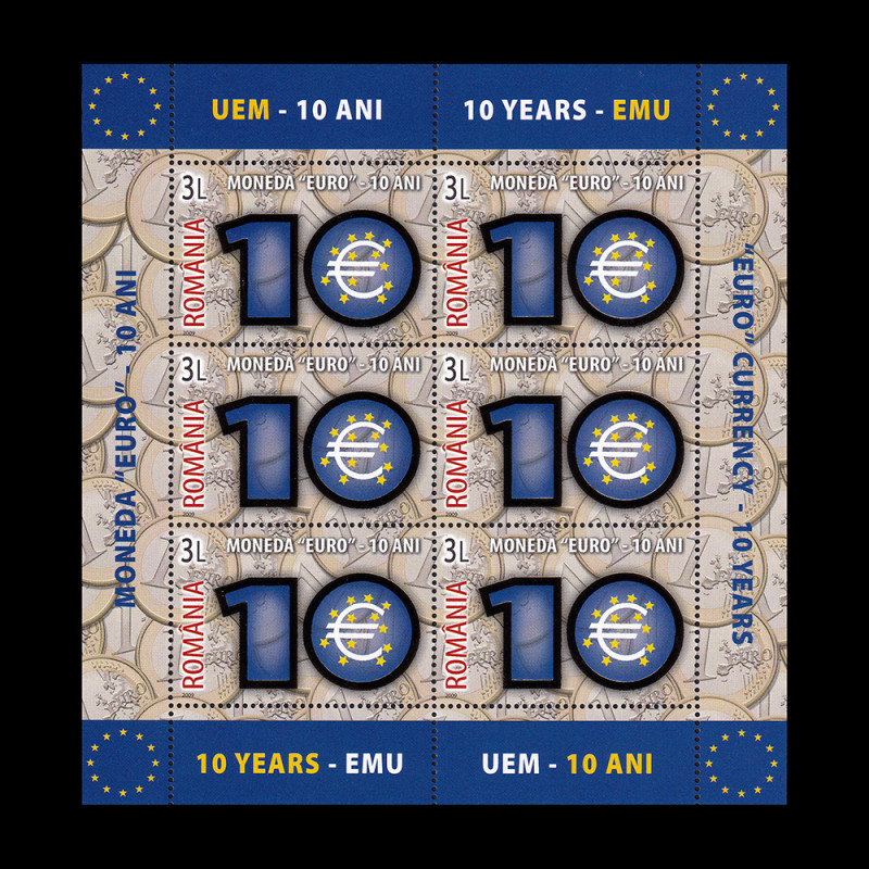 10 ani de la introducerea monedei EURO, minicoală de 6 timbre folio aur 2009 LP 1825a