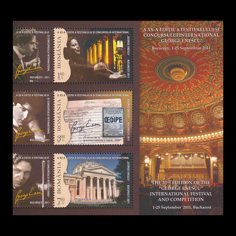 A XX-a Ediție a Festivalului George Enescu, bloc de 3 timbre și 3 viniete 2011 LP 1914a