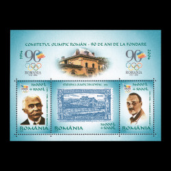 90 de ani de la fondarea Comitetului Olimpic Român, bloc de 3 timbre 2004 LP 1634