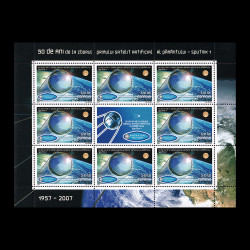 50 de ani de la zborul primului satelit artificial Sputnik 1, 2007 minicoală de 8 timbre și 1 vinietă LP 1785b