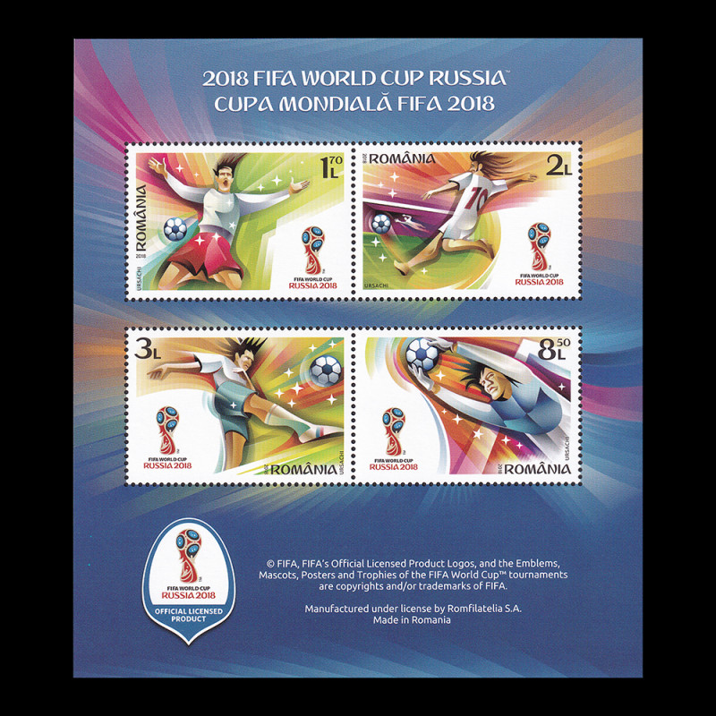 Campionatul Mondial de Fotbal, bloc de 4 timbre cu manșetă ilustrată 2018 LP 2197a