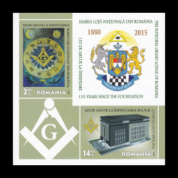 135 de ani de la Înființarea Marii Loji Naționale, bloc de 2 timbre nedantelate 2015 LP 2070a