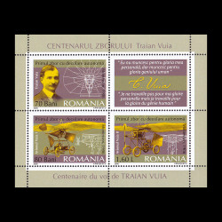 Centenarul zborului Traian Vuia, bloc de 3 timbre și 1 vinietă 2006 LP 1712b