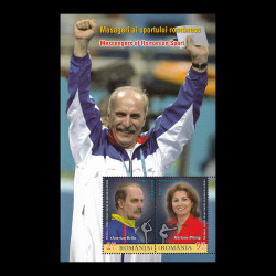 Mesageri ai sportului românesc - Mariana Bitang și Octavian Bellu, bloc de 2 timbre 2014 LP 2029a