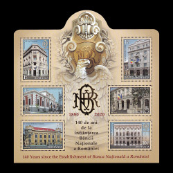 140 de ani de la înființarea B.N.R., bloc special de 6 timbre cu folio aur, 2020 LP 2304d