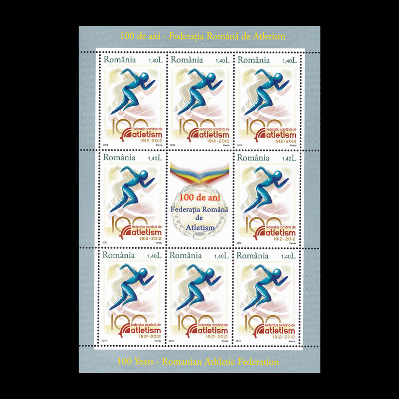 Federația Română de Atletism -100 de ani, minicoală de 8 timbre și 1 vinietă, 2012 LP 1939c